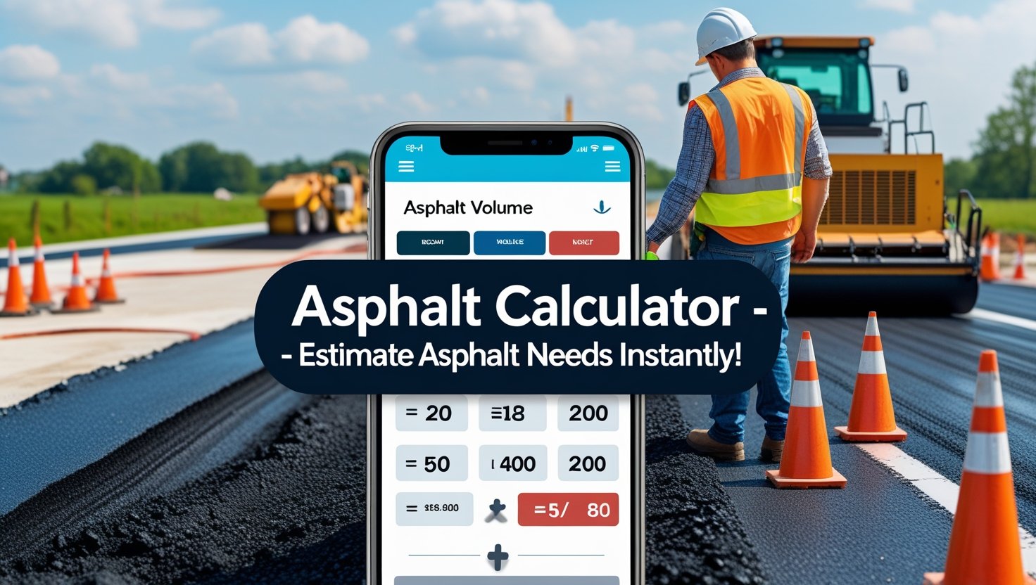 Construction worker in safety gear standing near freshly paved asphalt road with traffic cones, a road roller in the background, and a smartphone displaying an asphalt calculator app.